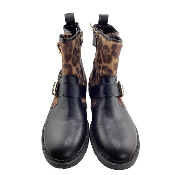 Nine West Aria Black Cheetah Print‎ Ankle Boots Size 7 Biker Combat Buckle - Picture 4 of 8